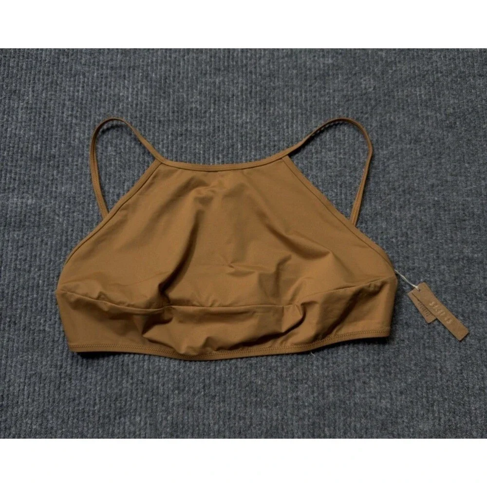 SKIMS Recycled Swim Women Size 4X High Neck Bikini Top Almond Brown NEW